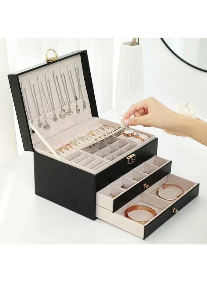 Jewelry organizer for women and girls, large three-tier jewelry storage box, faux leather jewelry display stand with removable tray for necklaces, earrings, rings and bracelets - Image 2